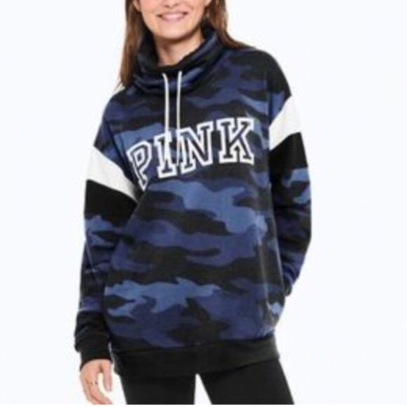 Victoria's Secret PINK Blue Camo Fleece Mock Neck Pullover Sweatshirt Medium - Picture 8 of 8